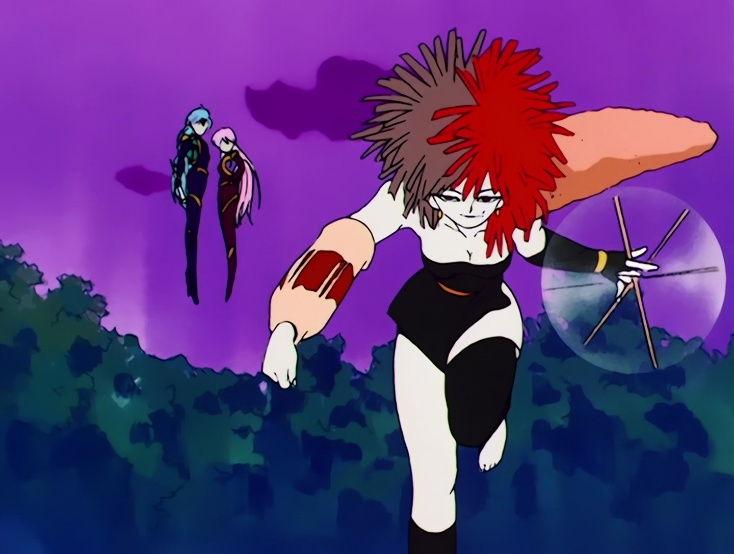 Utonberino, a Cardian from Sailor Moon episode 55. She has pale white skin and a black asymmetrical outfit, and she’s themed after a bento box. I’m gonna do my best to describe what I think is going on with her design, but I’m not super familiar with the contents of the average 90s bento box, so my accuracy may not be spot on. Her hair is brown and red, and spiky… so, sea urchin, maybe? It doesn’t really look like that when it’s cooked, but it’s always given me sea urchin vibes. One one arm she’s wearing a bracer that looks like one of those tiny plastic soy sauce bottles. On one of her shoulders she looks to be wearing a giant fried shrimp, so that’s two fried shrimp monsters now, and she’s wielding chopsticks.